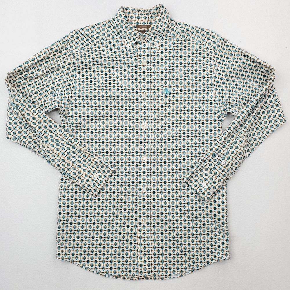 Ariat Shirt Mens Small White Teal Geometric Fedor Western Aztec Southwestern